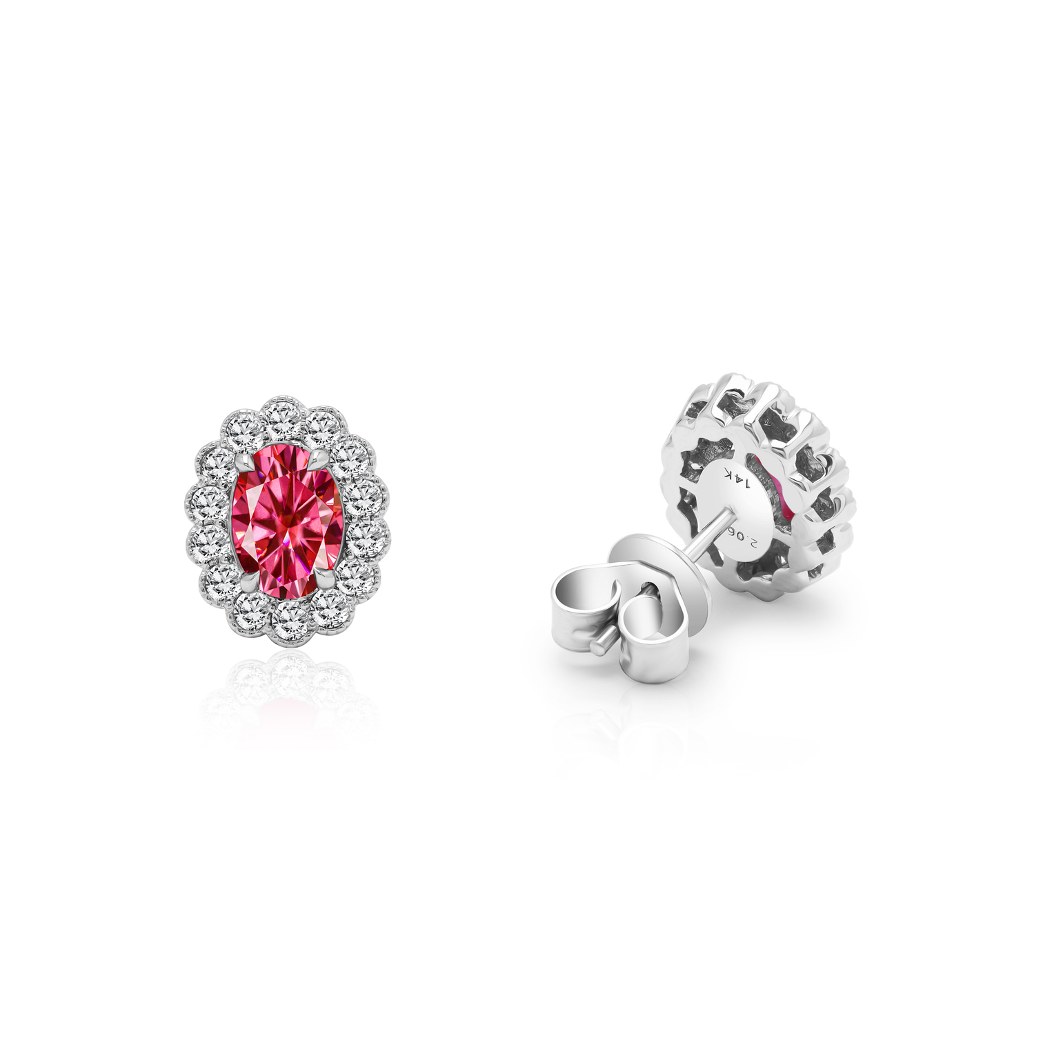 Vintage Style 14K White Gold Oval Ruby and Diamond Halo Milgrain Earrings